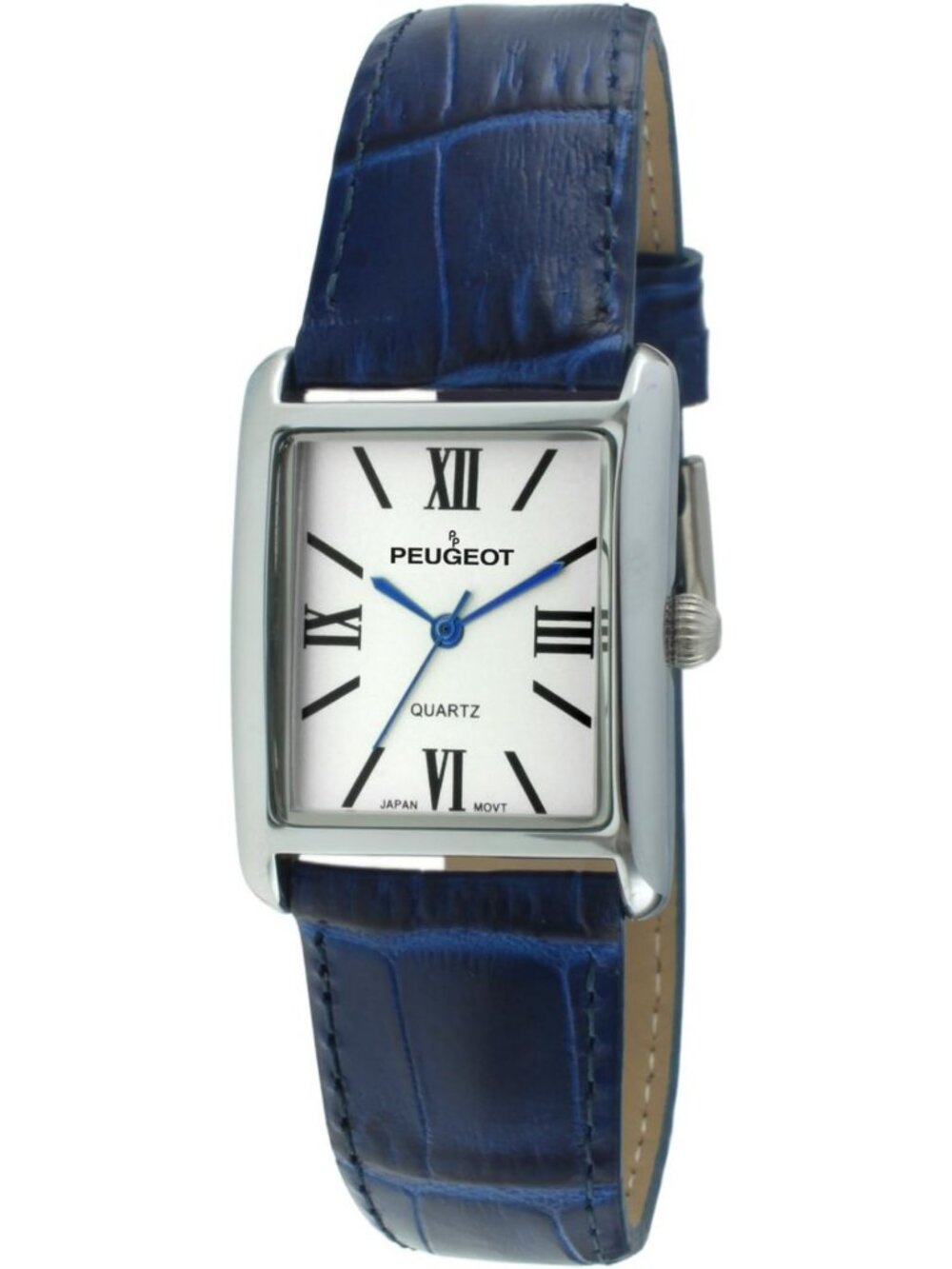 Stylish Women's Leather Tank Dress Watch with Roman Numerals & Blue Hands